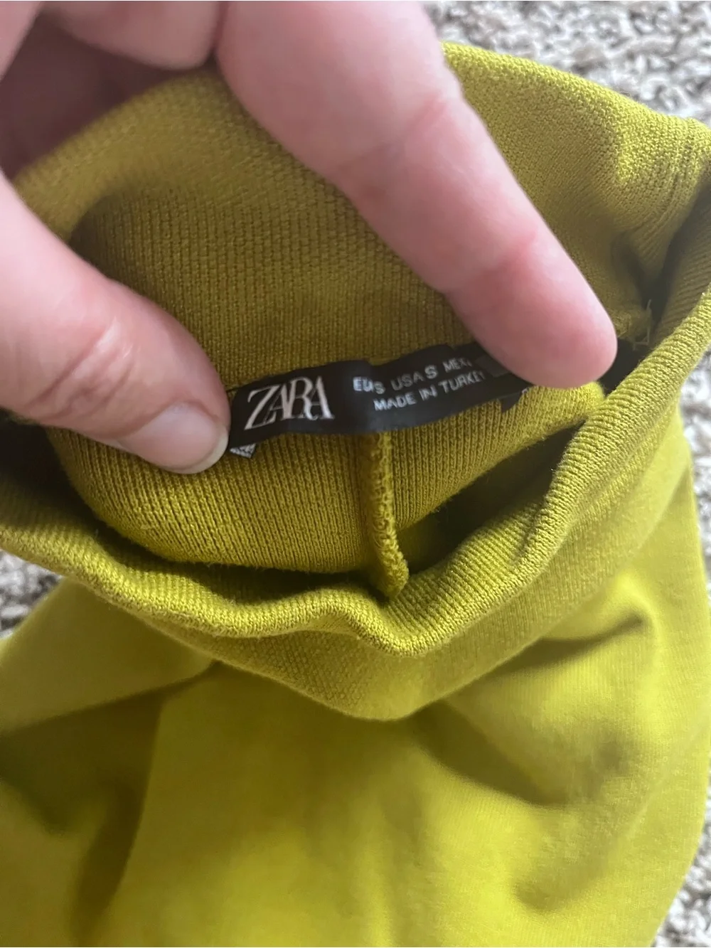 Zara Chartreuse Green Mock Neck Ruched Midi Dress Sm Short Sleeve Stretch Knit - Picture 8 of 9